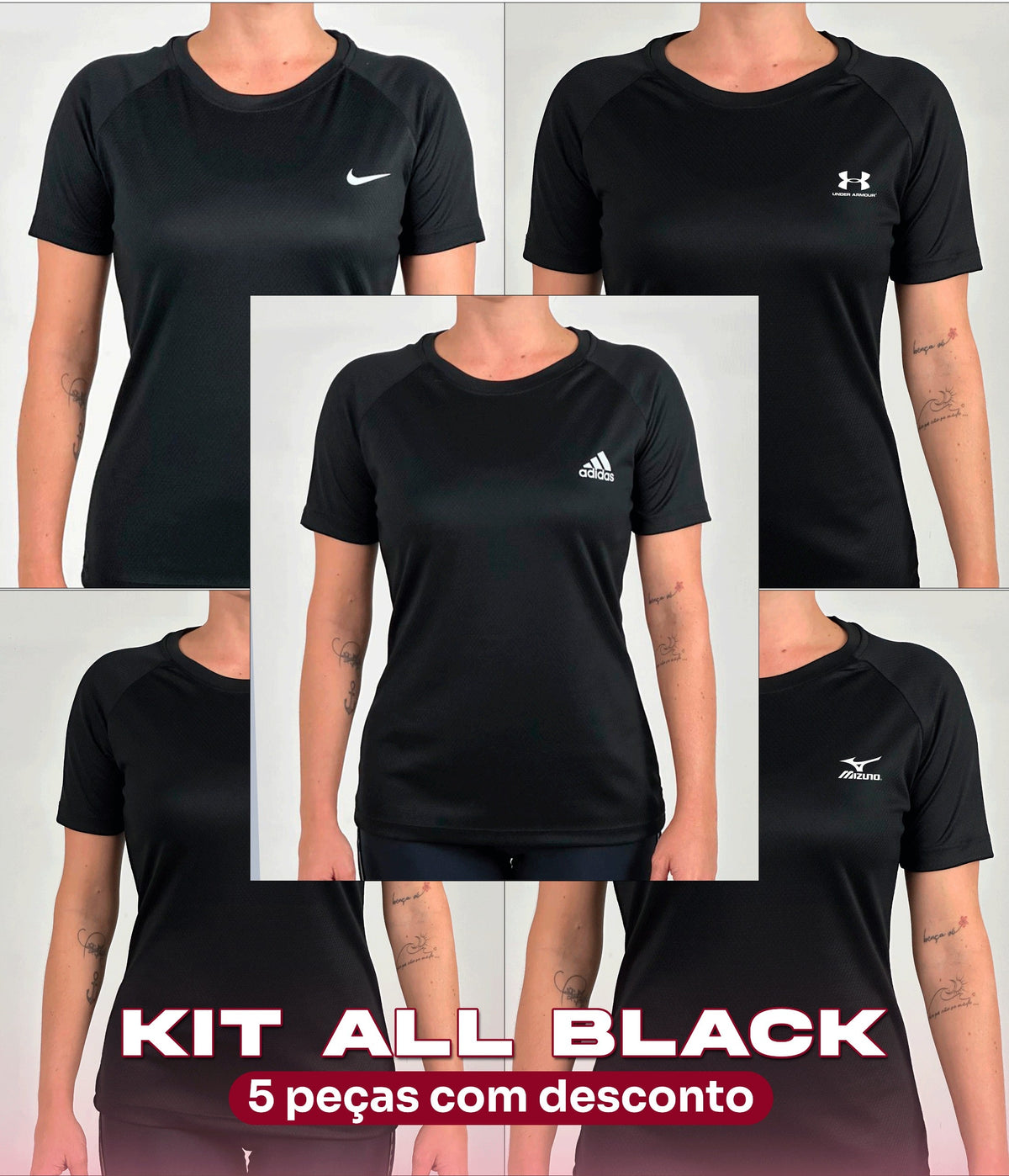 Kit ALL BLACK 5 T-shirt Feminina Dry